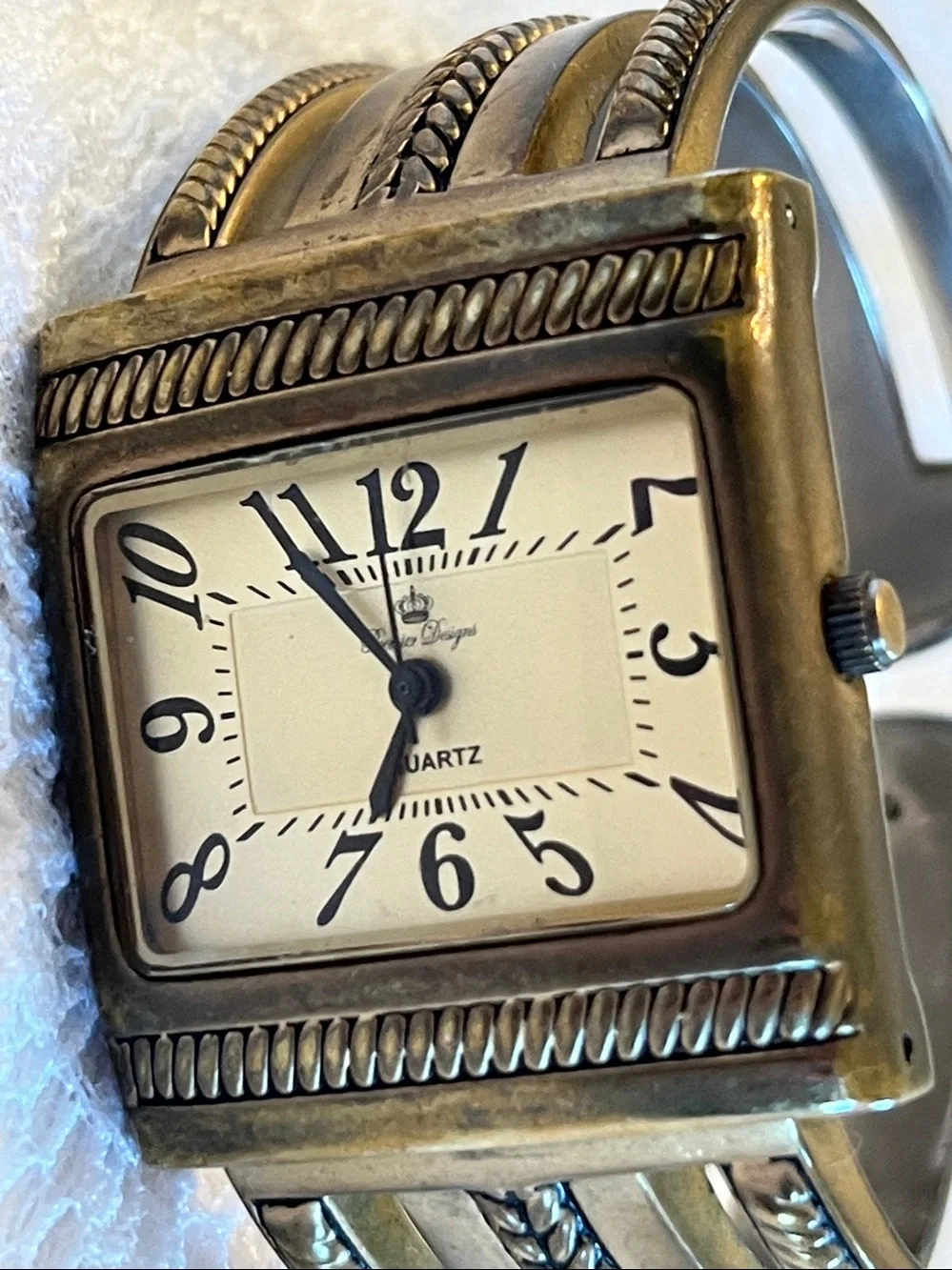 Antique Brass-Tone Cuff Watch with Cream Dial